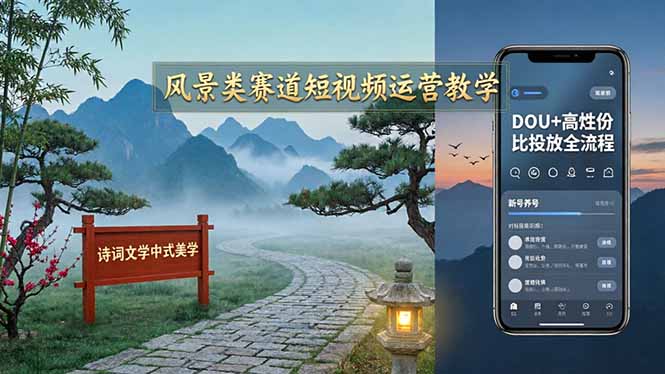 风景类赛道短视频运营教学：诗词文学中式美学，新号养号对标账号定位，DOU+高性价比投放全流程-热点1站 - 热点知汇专注网赚项目资源知识聚汇