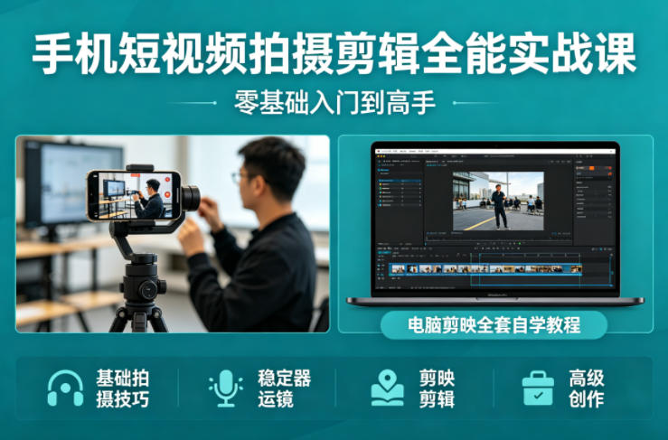 手机短视频拍摄剪辑全能实战课：零基础入门到高手，稳定器运镜+电脑剪映全套自学教程-热点1站 - 热点知汇专注网赚项目资源知识聚汇