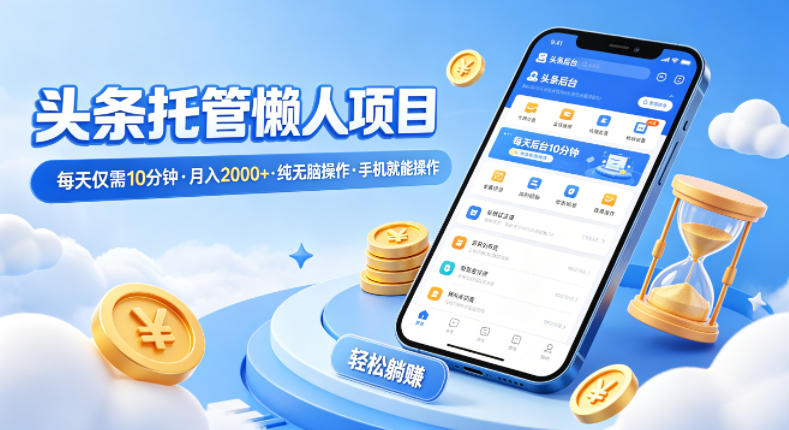 头条托管懒人项目，每天仅需10分钟，月入2000+，纯无脑操作，手机就能操作【揭秘】-盟主1站 - 热点知汇专注网赚项目资源知识聚汇