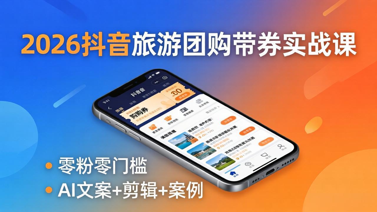 2026抖音旅游团购带券实战课：零粉零门槛，AI文案+剪辑+案例，躺着赚门票佣金-盟主1站 - 热点知汇专注网赚项目资源知识聚汇