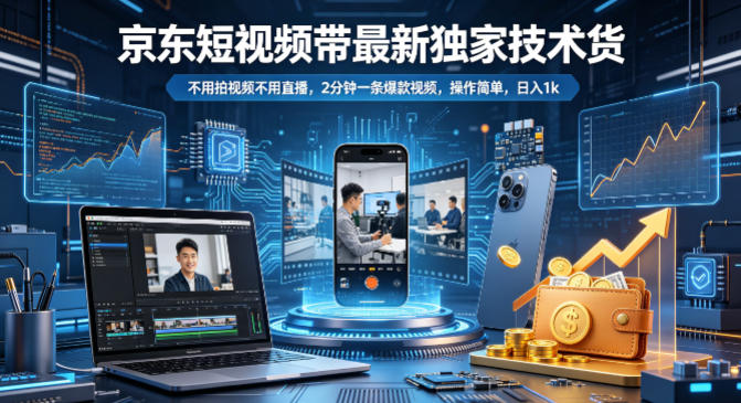 京东短视频带货最新独家技术，不用拍视频不用直播，2分钟一条爆款视频，操作简单，日入1k+【揭秘】-盟主1站 - 热点知汇专注网赚项目资源知识聚汇