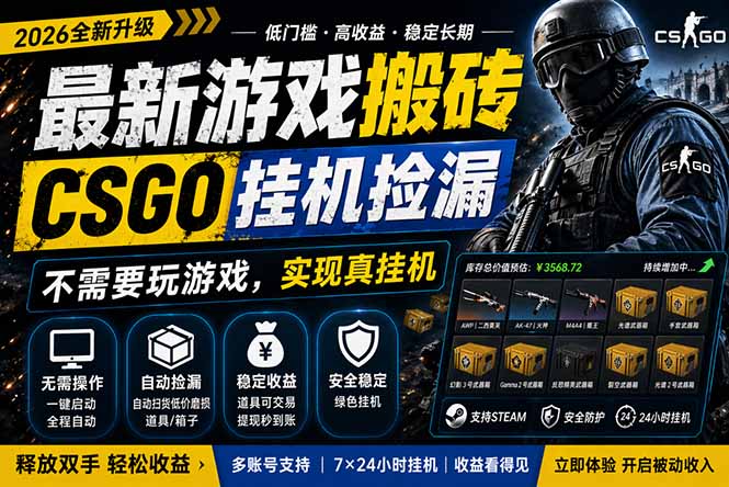 最新游戏搬砖，CSGO纯挂机，不需要玩游戏，实现真挂机，月入1W+，五一小高峰上车可吃肉，…-盟主1站 - 热点知汇专注网赚项目资源知识聚汇