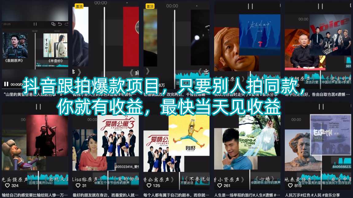 抖音跟拍爆款项目，只要别人拍同款，你就有收益，最快当天见收益-盟主1站 - 热点知汇专注网赚项目资源知识聚汇