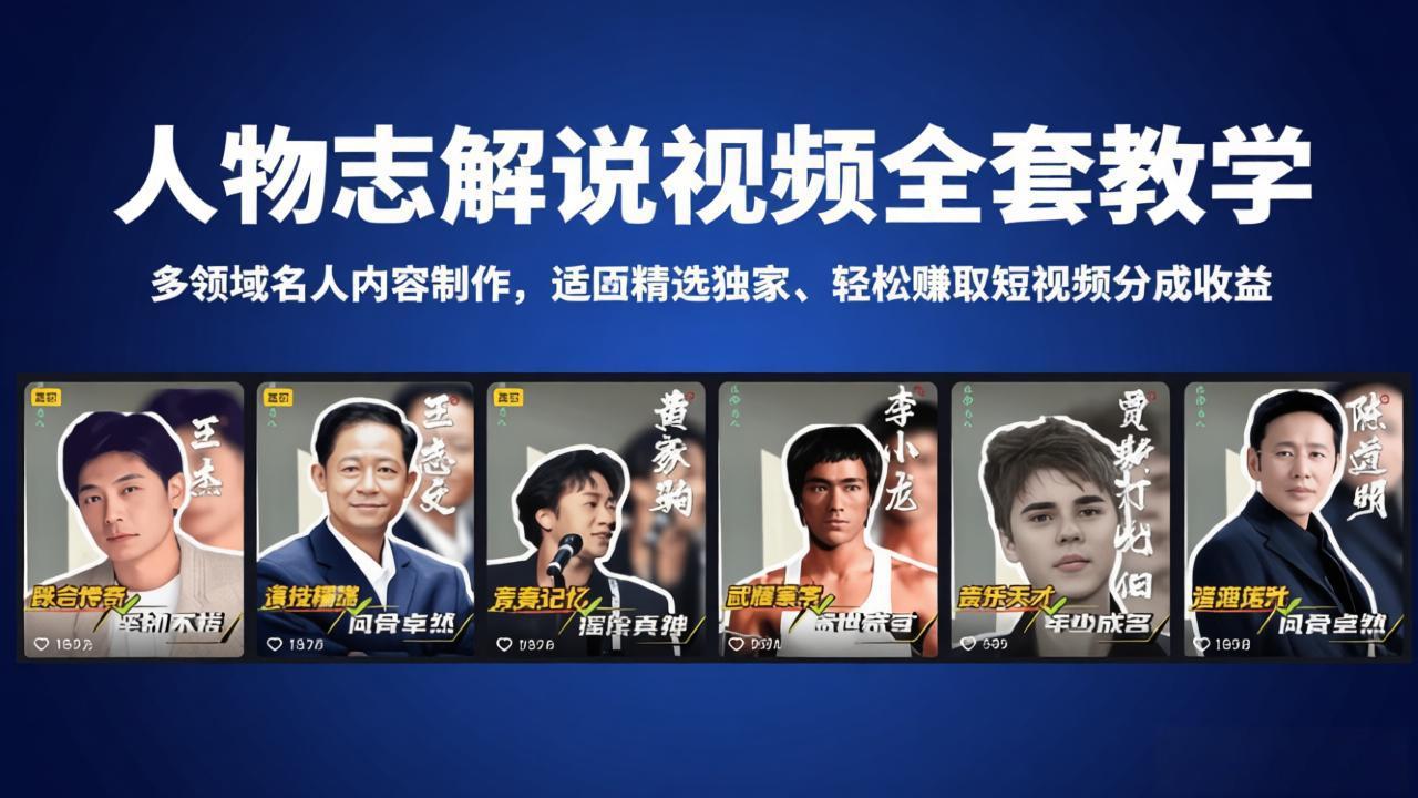 人物志解说视频全套教学，多领域名人内容制作，适配精选独家，轻松赚取短视频分成收益-盟主1站 - 热点知汇专注网赚项目资源知识聚汇