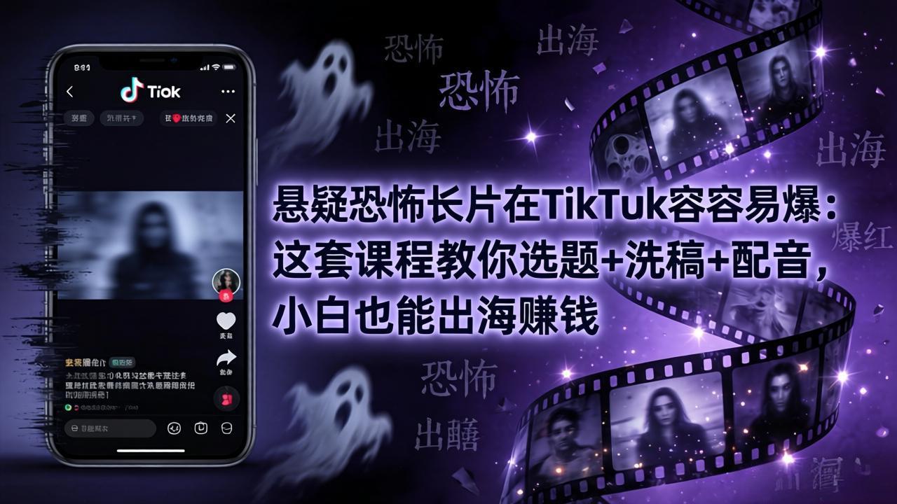 悬疑恐怖长片在TikTok最容易爆：这套课程教你选题+洗稿+配音，小白也能出海赚钱-盟主1站 - 热点知汇专注网赚项目资源知识聚汇