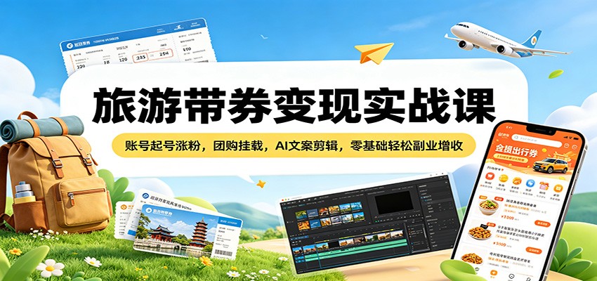 旅游带券变现实战课：账号起号涨粉，团购挂载，AI文案剪辑，零基础轻松副业增收-盟主1站 - 热点知汇专注网赚项目资源知识聚汇