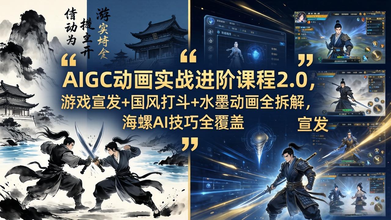 AIGC动画实战进阶课程2.0，游戏宣发+国风打斗+水墨动画全拆解，海螺AI技巧全覆盖-盟主1站 - 热点知汇专注网赚项目资源知识聚汇