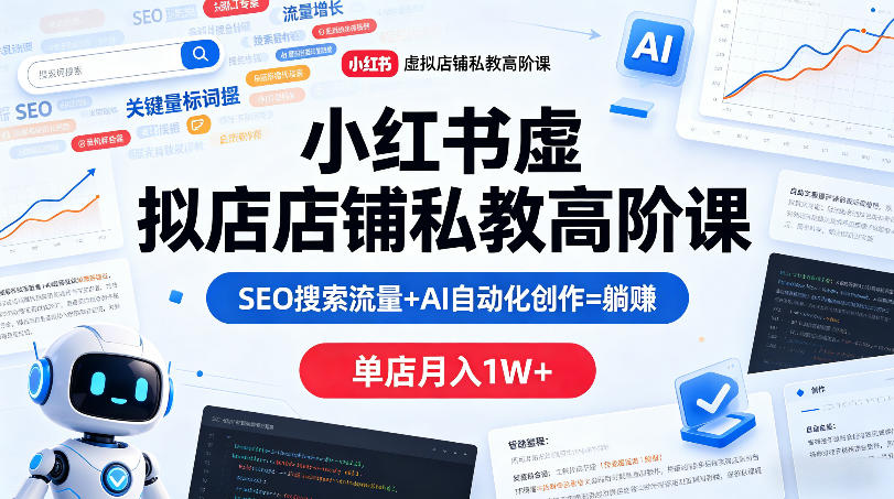 小红书虚拟店铺私教高阶课，SEO搜索流量+AI自动化创作=躺賺，单店月入1W+-盟主1站 - 热点知汇专注网赚项目资源知识聚汇