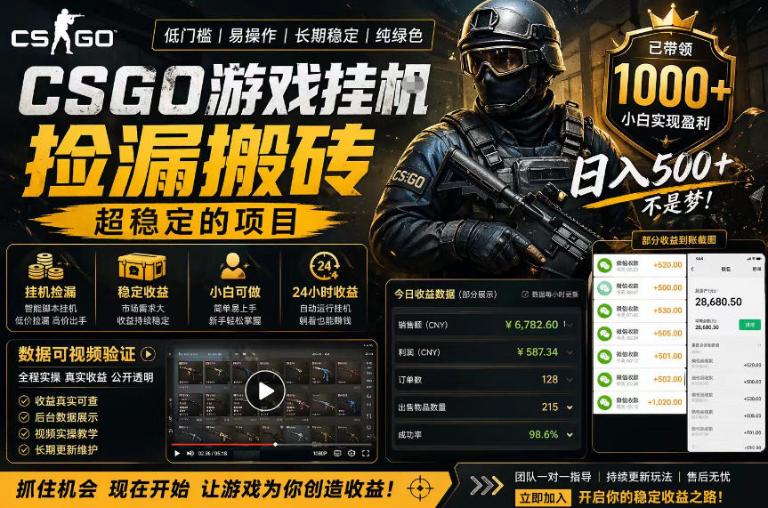 CSGO游戏搬砖，全自动挂G，不需要玩游戏，手机操作日入300+，解放双手【揭秘】-盟主1站 - 热点知汇专注网赚项目资源知识聚汇