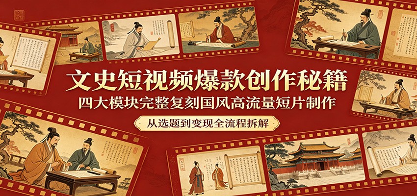 文史短视频爆款创作秘籍：四大模块完整复刻国风高流量短片制作-盟主1站 - 热点知汇专注网赚项目资源知识聚汇