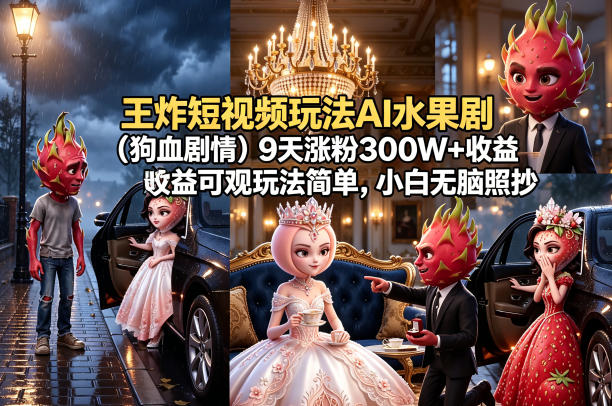 王炸短视频玩法AI水果剧(狗血剧情)9天涨粉300W+收益可观玩法简单，小白无脑照抄，详细拆解玩法-盟主1站 - 热点知汇专注网赚项目资源知识聚汇