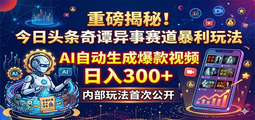 重磅揭秘！今日头条奇谭异事赛道暴利玩法：AI自动生成爆款视频，日入300+-盟主1站 - 热点知汇专注网赚项目资源知识聚汇