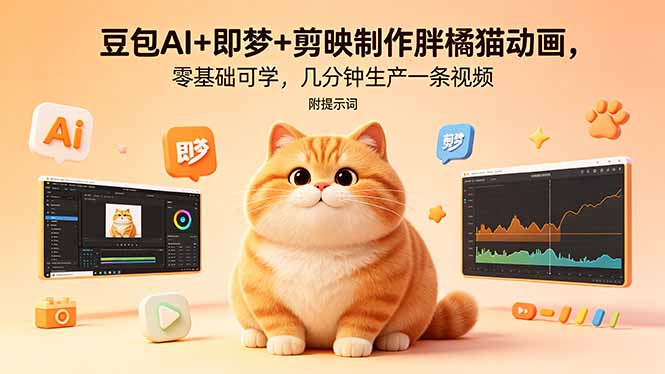 豆包AI+即梦+剪映制作胖橘猫动画，零基础可学，几分钟生产一条视频，附提示词-盟主1站 - 热点知汇专注网赚项目资源知识聚汇