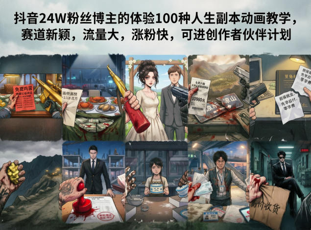 抖音24W粉丝博主的体验100种人生副本动画教学，赛道新颖，流量大，涨粉快，可进创作者伙伴计划-盟主1站 - 热点知汇专注网赚项目资源知识聚汇