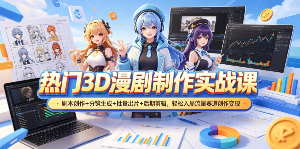 热门3D漫剧制作实战课，剧本创作+分镜生成+批量出片+后期剪辑，轻松入局流量赛道创作变现-盟主1站 - 热点知汇专注网赚项目资源知识聚汇