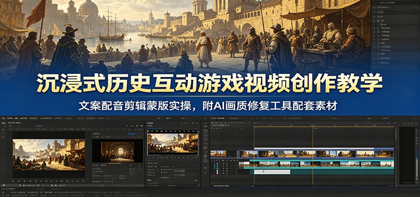 沉浸式历史互动游戏视频创作教学：文案配音剪辑蒙版实操，附AI画质修复工具配套素材-盟主1站 - 热点知汇专注网赚项目资源知识聚汇