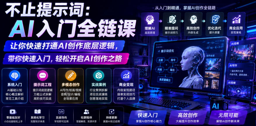 不止提示词：AI入门全链课，让你快速打通AI创作底层逻辑，带你快速入门，轻松开启AI创作之路-盟主1站 - 热点知汇专注网赚项目资源知识聚汇