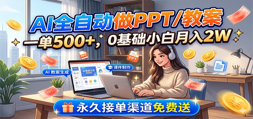 AI全自动做PPT/教案，一单500+，0基础小白月入2W，永久接单渠道免费送-盟主1站 - 热点知汇专注网赚项目资源知识聚汇