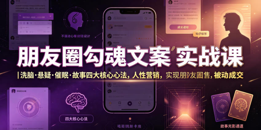 朋友圈勾魂文案实战课｜洗脑·悬疑·催眠·故事四大核心心法，吃透人性营销，实现朋友圈不销而售被动成交-盟主1站 - 热点知汇专注网赚项目资源知识聚汇