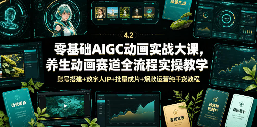 零基础AIGC动画实战大课，养生动画赛道全流程实操教学，账号搭建+数字人IP+批量成片+爆款运营纯干货教程-盟主1站 - 热点知汇专注网赚项目资源知识聚汇