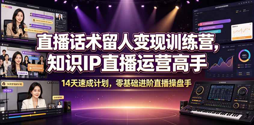 直播话术留人变现训练营，知识IP直播运营高手，14天速成计划，零基础进阶直播操盘手-盟主1站 - 热点知汇专注网赚项目资源知识聚汇