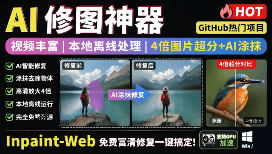 本地离线处理，4倍图片超分+AI涂抹去水印！Github上热门神器，免费高清修复图一键搞定！Inpaint-Web-盟主1站 - 热点知汇专注网赚项目资源知识聚汇