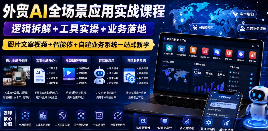 外贸AI全场景应用实战课程｜逻辑拆解+工具实操+业务落地，图片文案视频+智能体+自建业务系统一站式教学-盟主1站 - 热点知汇专注网赚项目资源知识聚汇