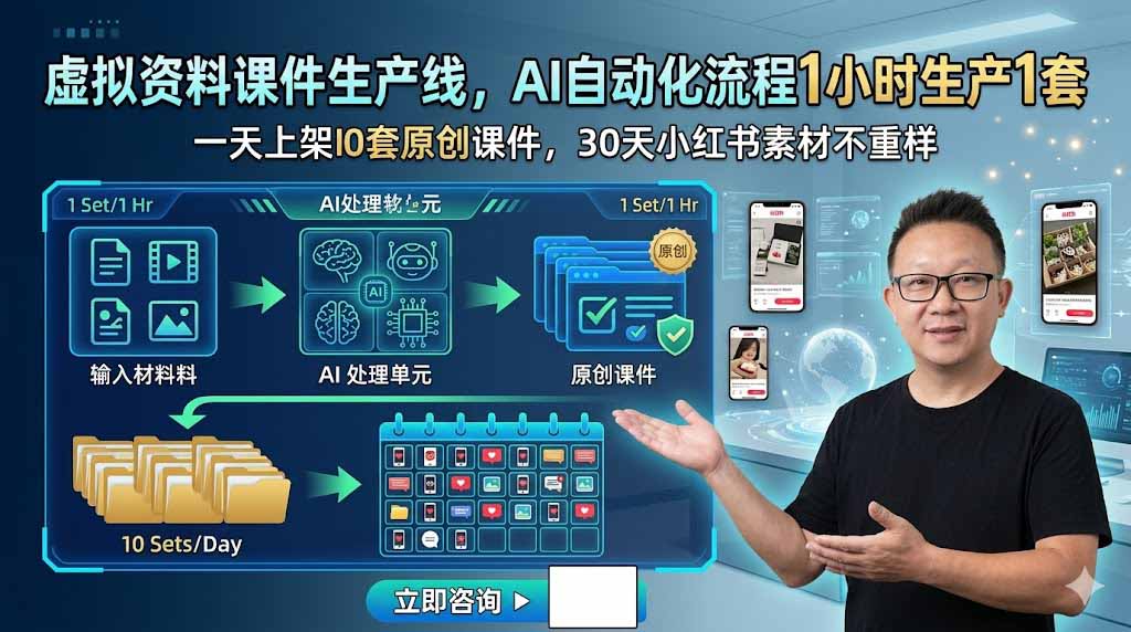 虚拟资料课件生产线，AI自动化流程1小时生产1套，一天上架10套原创课件，30天小红书素材不重样-盟主1站 - 热点知汇专注网赚项目资源知识聚汇