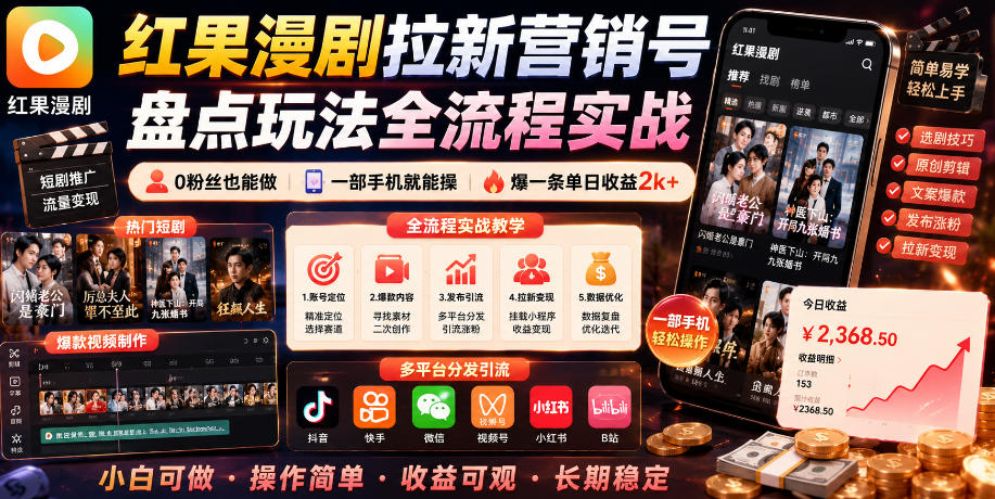 红果漫剧拉新营销号盘点玩法全流程实战，0粉丝也能做，一部手机就能做，爆一条单日收益2k+(更新0628)-盟主1站 - 热点知汇专注网赚项目资源知识聚汇