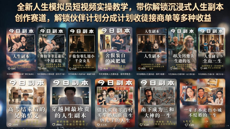 全新人生模拟员短视频实操教学，带你解锁沉浸式人生副本创作赛道，解锁伙伴计划分成计划收徒接商单等多种收益-盟主1站 - 热点知汇专注网赚项目资源知识聚汇