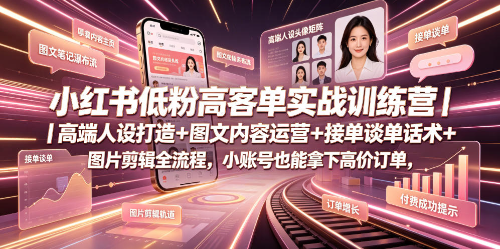 小红书低粉高客单实战训练营｜高端人设打造+图文内容运营+接单谈单话术+图片剪辑全流程，小账号也能拿下高价订单-盟主1站 - 热点知汇专注网赚项目资源知识聚汇