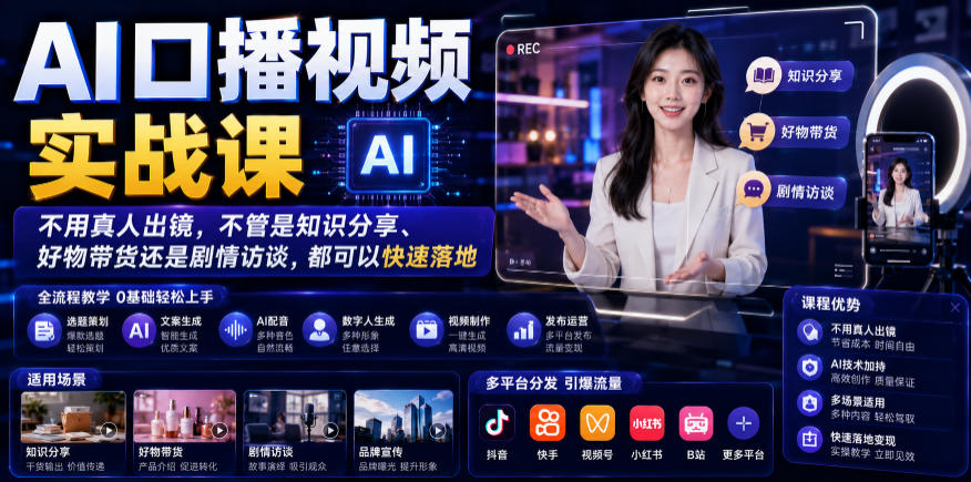 AI口播视频实战课，不用真人出镜，不管是知识分享、好物带货还是剧情访谈，都可以快速落地-盟主1站 - 热点知汇专注网赚项目资源知识聚汇