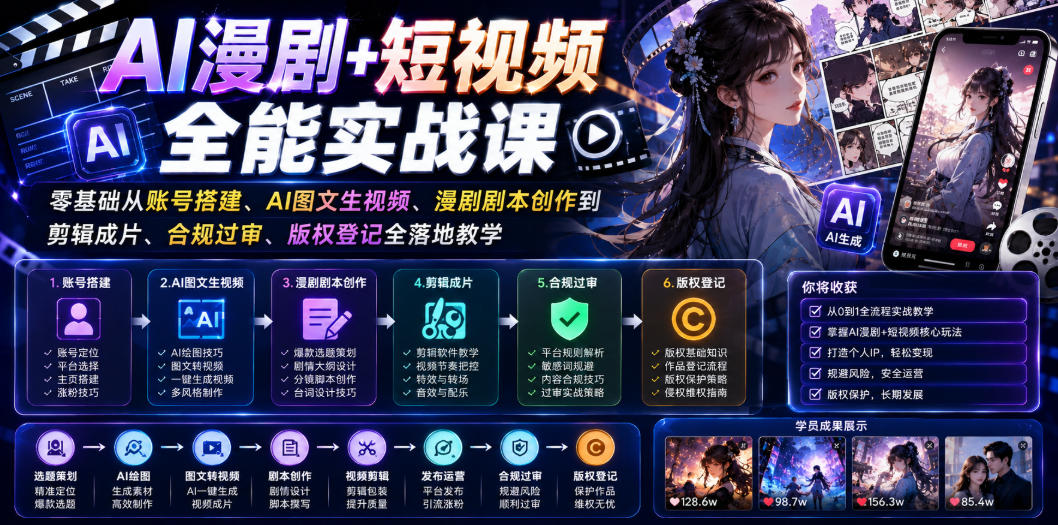 AI漫剧+短视频全能实战课｜零基础从账号搭建、AI图文生视频、漫剧剧本创作到剪辑成片、合规过审、版权登记全落地教学-盟主1站 - 热点知汇专注网赚项目资源知识聚汇