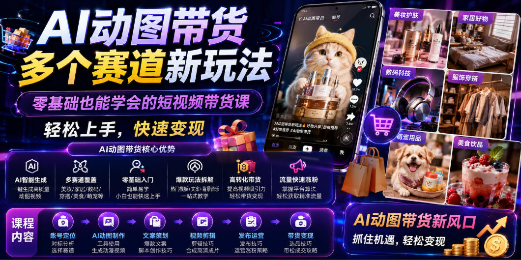 AI动图带货多个赛道新玩法，零基础也能学会的短视频带货课，轻松上手，快速变现-盟主1站 - 热点知汇专注网赚项目资源知识聚汇