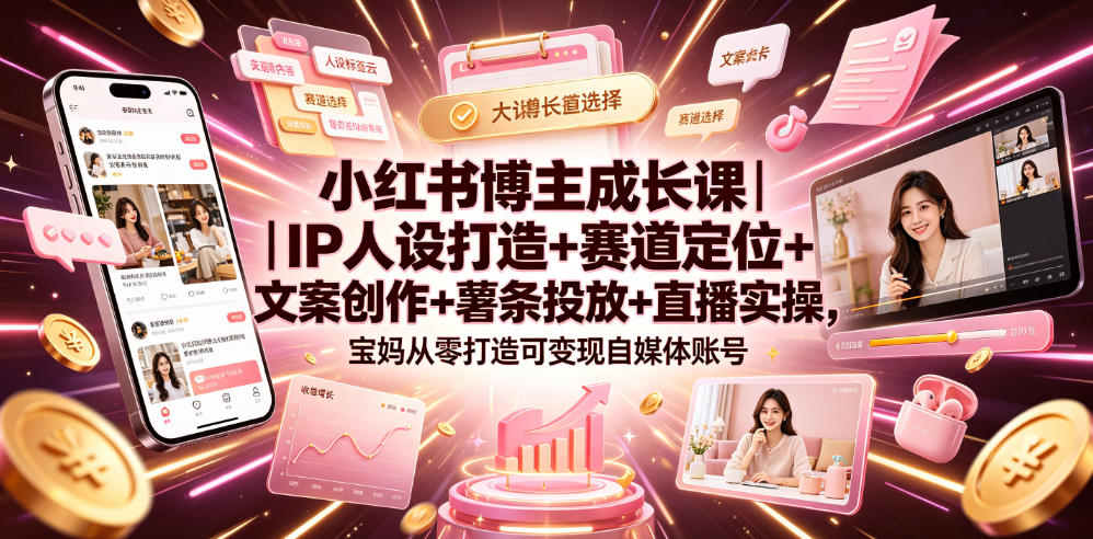 小红书博主成长课｜IP人设打造+赛道定位+文案创作+薯条投放+直播实操，宝妈从零打造可变现自媒体账号-盟主1站 - 热点知汇专注网赚项目资源知识聚汇