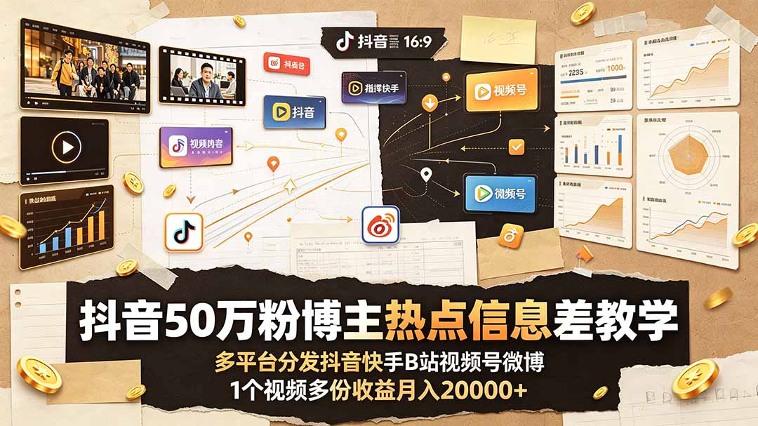 抖音50万粉博主热点信息差教学：多平台分发抖音快手B站视频号微博，1个视频多份收益月入20000+-盟主1站 - 热点知汇专注网赚项目资源知识聚汇