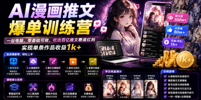 AI漫画推文爆单训练营，一台电脑，零基础可做，吃透百亿推文赛道红利，实现单条作品收益1k+-盟主1站 - 热点知汇专注网赚项目资源知识聚汇
