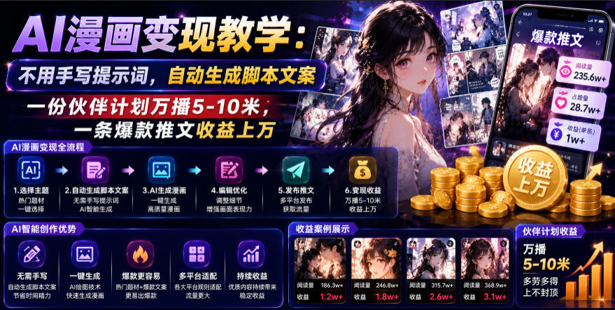 AI漫画变现教学：不用手写提示词，自动生成脚本文案，一份伙伴计划万播5-10米，一条爆款推文收益上W-盟主1站 - 热点知汇专注网赚项目资源知识聚汇
