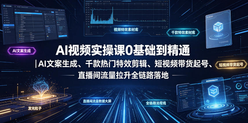 AI视频实操课0基础到精通｜AI文案生成、千款热门特效剪辑、短视频带货起号、直播间流量拉升全链路落地-盟主1站 - 热点知汇专注网赚项目资源知识聚汇