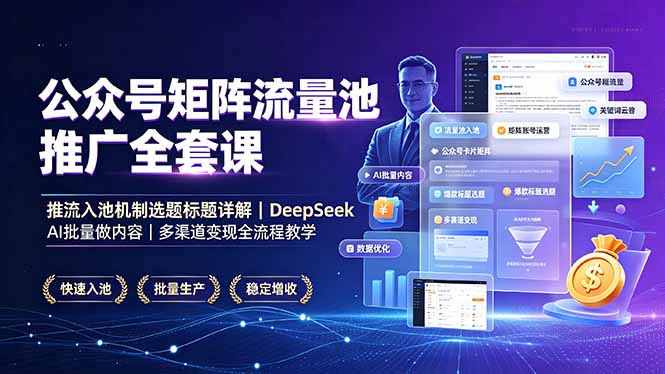 公众号矩阵流量池推广全套课，推流入池机制选题标题详解，DeepSeek AI批量做内容，多渠道变现全流程教学-盟主1站 - 热点知汇专注网赚项目资源知识聚汇