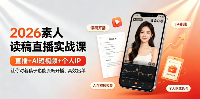 2026素人读稿直播实战课｜直播+AI短视频+个人IP，让你对着稿子也能流畅开播、高效出单-盟主1站 - 热点知汇专注网赚项目资源知识聚汇