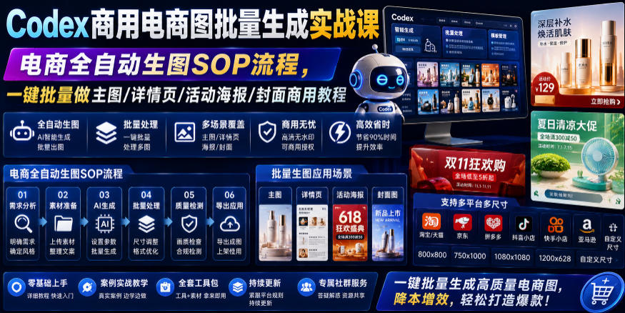 Codex商用电商图批量生成实战课｜电商全自动生图SOP流程，一键批量做主图/详情页/活动海报/封面商用教程-盟主1站 - 热点知汇专注网赚项目资源知识聚汇