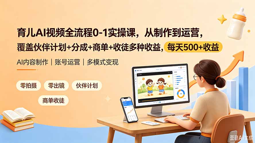 育儿AI视频全流程0-1实操课，从制作到运营，覆盖伙伴计划+分成+商单+收徒多种收益，每天500+收益-盟主1站 - 热点知汇专注网赚项目资源知识聚汇