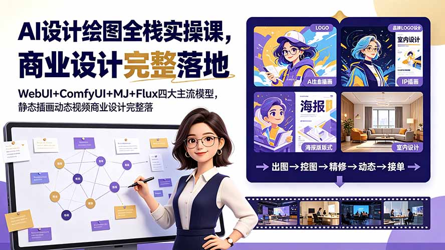 AI设计绘图全栈实操课，WebUI+ComfyUI+MJ+Flux四大主流模型，静态插画动态视频商业设计完整落地教程-盟主1站 - 热点知汇专注网赚项目资源知识聚汇