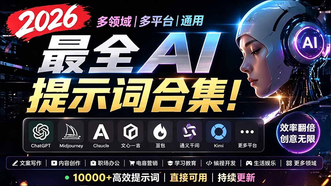 2026最全AI提示词合集！多领域多平台通用，涵盖AI绘画、电商主图、爆款文案，脚本创作等-盟主1站 - 热点知汇专注网赚项目资源知识聚汇