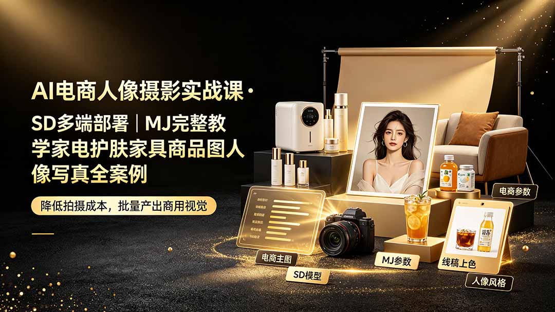 AI电商人像摄影实战课·SD多端部署｜MJ完整教学｜家电护肤家具商品图人像写真全案例-盟主1站 - 热点知汇专注网赚项目资源知识聚汇