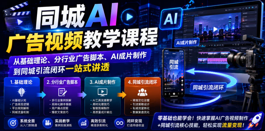 同城AI广告视频教学课程，从基础理论、分行业广告脚本、AI成片制作到同城引流闭环一站式讲透-盟主1站 - 热点知汇专注网赚项目资源知识聚汇
