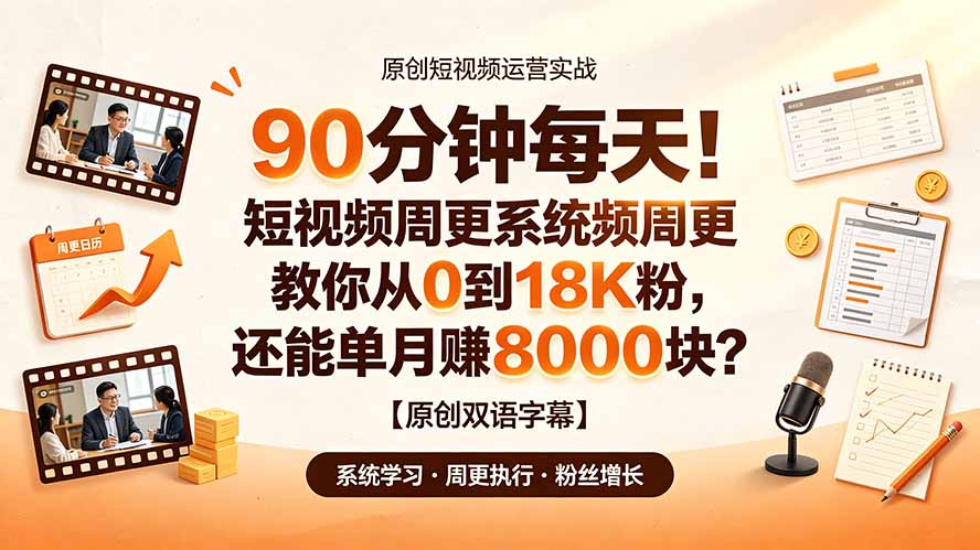 90 分钟每天！短视频周更系统教你从 0 到 18K 粉，还能单月赚 8000 块？【原创双语字幕】-盟主1站 - 热点知汇专注网赚项目资源知识聚汇