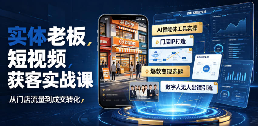 实体老板短视频获客实战课｜AI智能体工具全套实操、门店IP打造、爆款变现选题、数字人无人出镜引流完整教程-盟主1站 - 热点知汇专注网赚项目资源知识聚汇