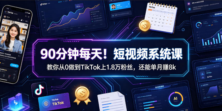 90分钟每天！短视频系统课教你从0做到TikTok上1.8万粉丝，还能单月賺8k【原创双语字幕】-盟主1站 - 热点知汇专注网赚项目资源知识聚汇